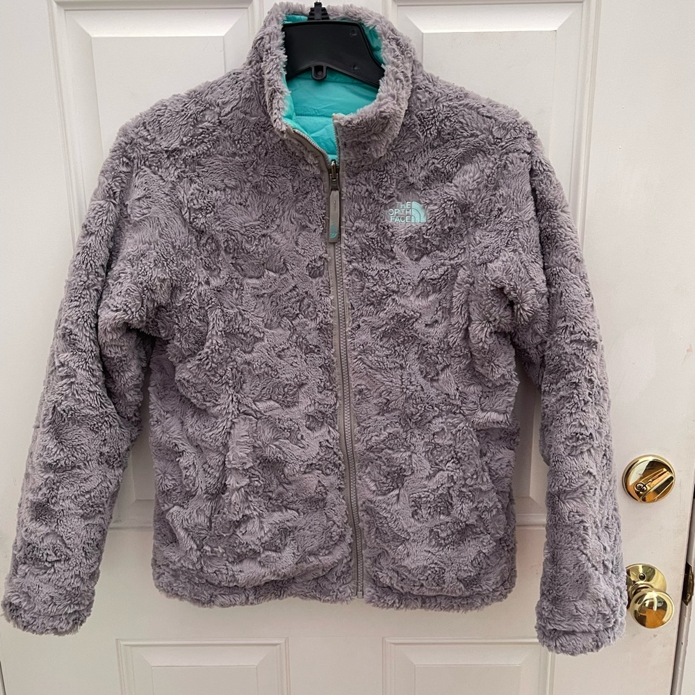 Northface Mossbud Swirl Grey and turquoise/mint reversible jacket. Girls large.
